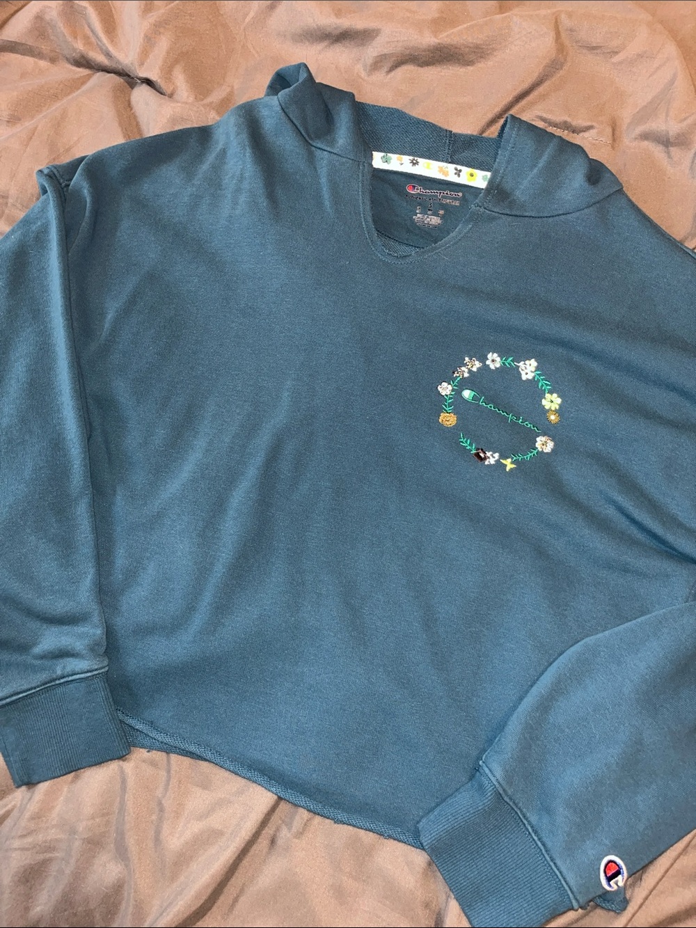 Champion Teal Floral Wreath Cropped Hoodie